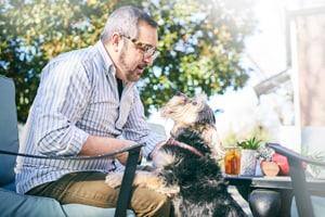 woman-nuzzles-cat Schnauzer stands to man's lap sitting at a patio table outdoors
